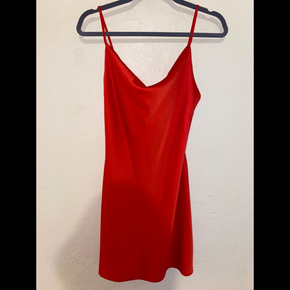 Red Silky Cowel Neck Dress - Picture 3 of 3